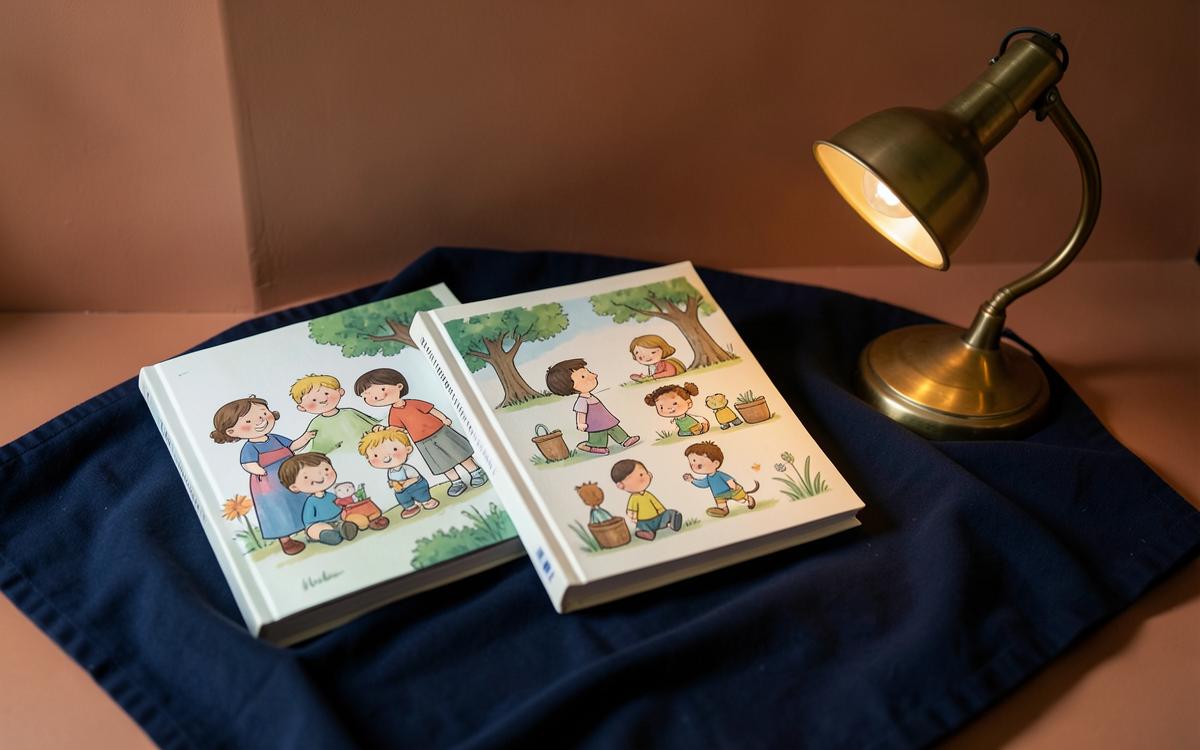 Illustrated children's books arranged beside a reading lamp