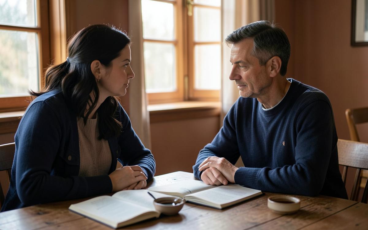 Two people having a thoughtful consultation at a table